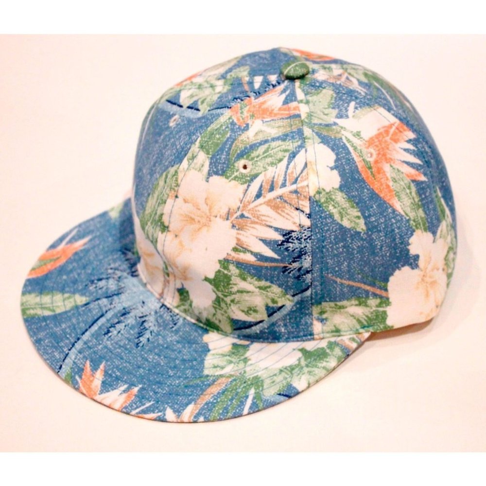 BWGH Blue FLORAL Caribbean TROPICAL Print SIX Panel CAP Hat MADE IN FRANCE O/S